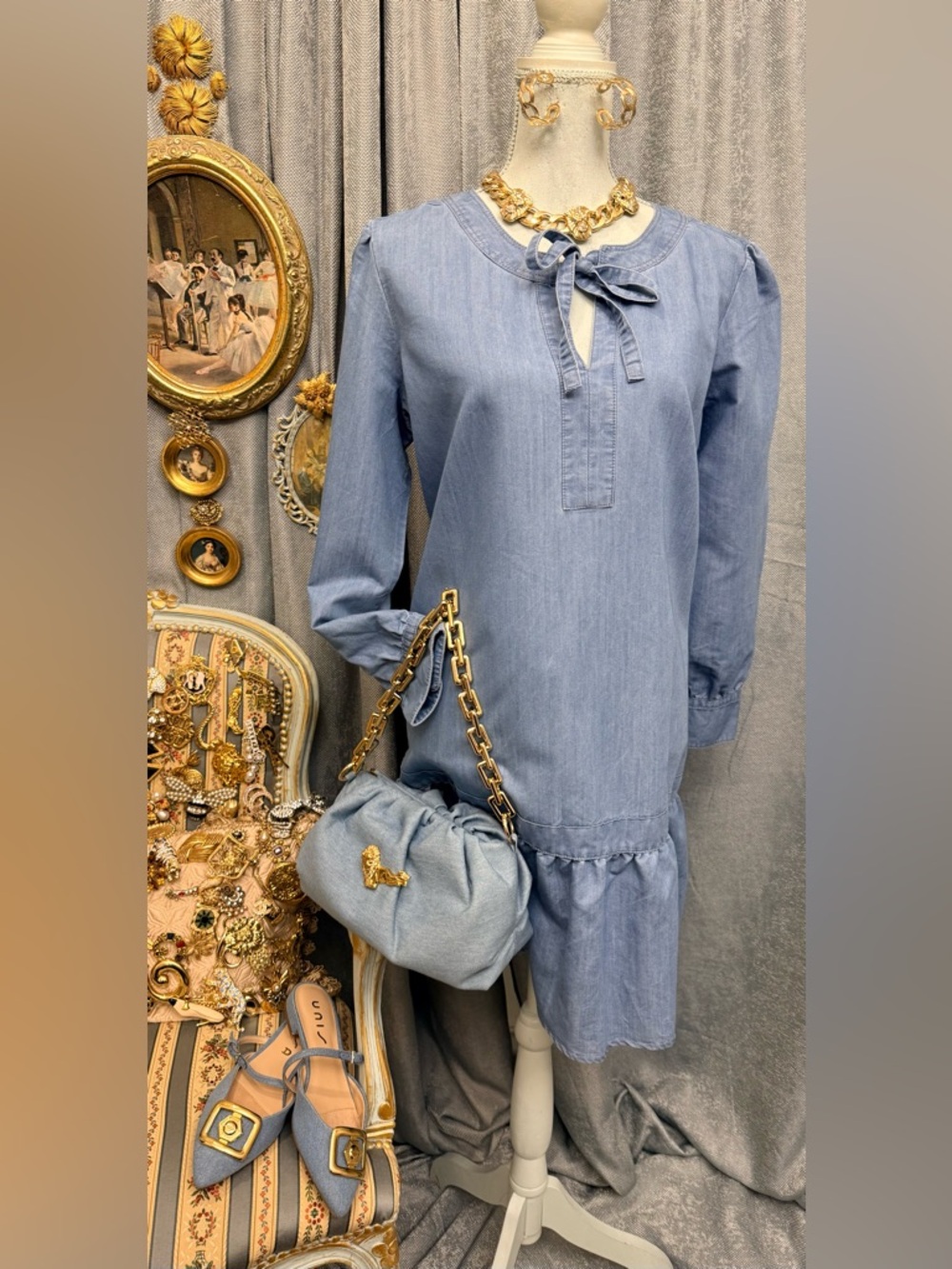 Light Denim Tie-Neck Tiered Dress with Bag and Shoes